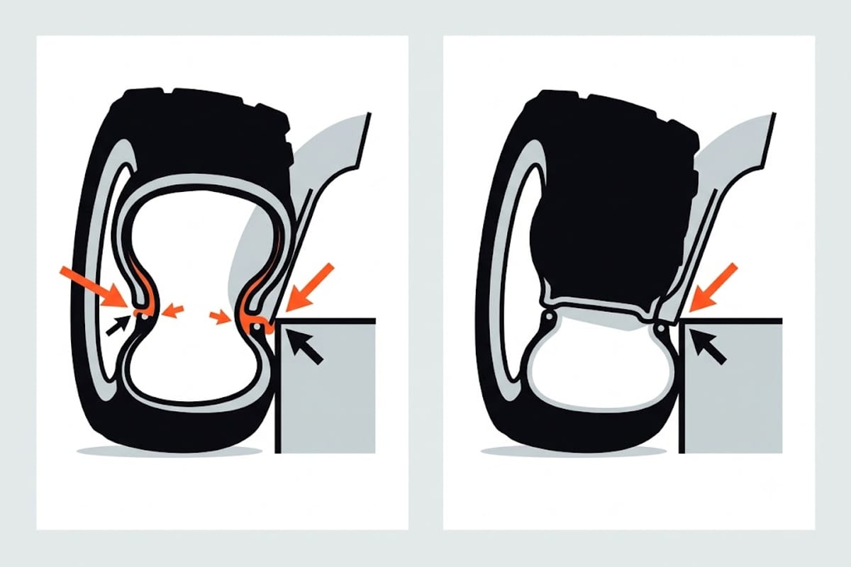 What happens to a tube and to a tubeless casing on a square-edged hit